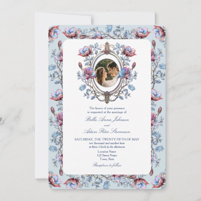Baroque Toile photo Mariage Invitation avec QR Cod (Devant)