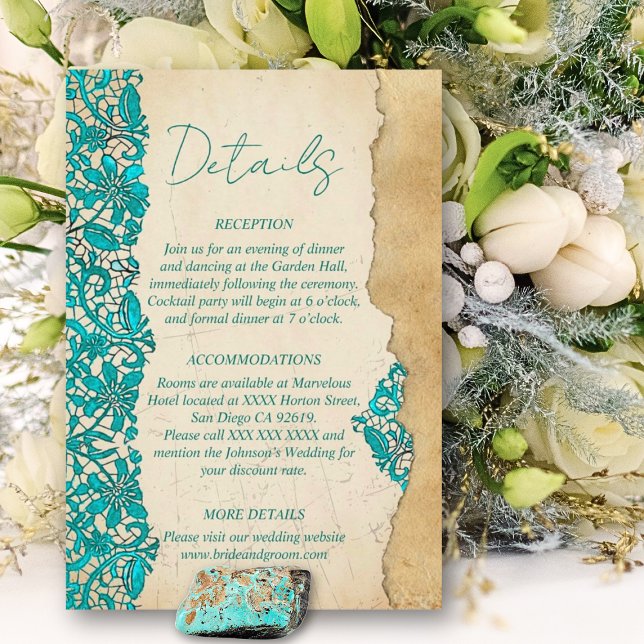 Baroque Turquoise Floral Lace Wedding  Enclosure Card (Creator Uploaded)