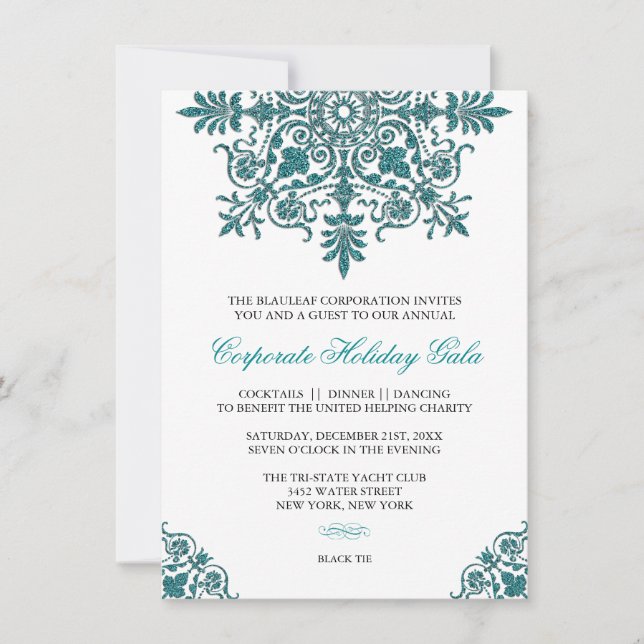 Baroque Turquoise Glitter Look Holiday Party Invitation (Front)