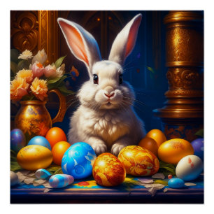 Baroque White Easter Bunny with Eggs Poster