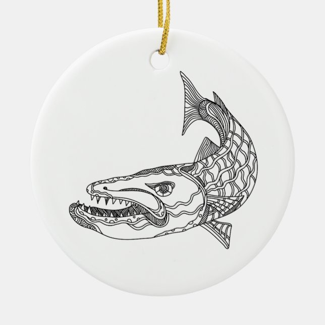 Barracuda Fish Doodle Art Ceramic Ornament (Front)