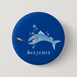 Barracuda fish hungry fishing cartoon illustration 2 inch round button