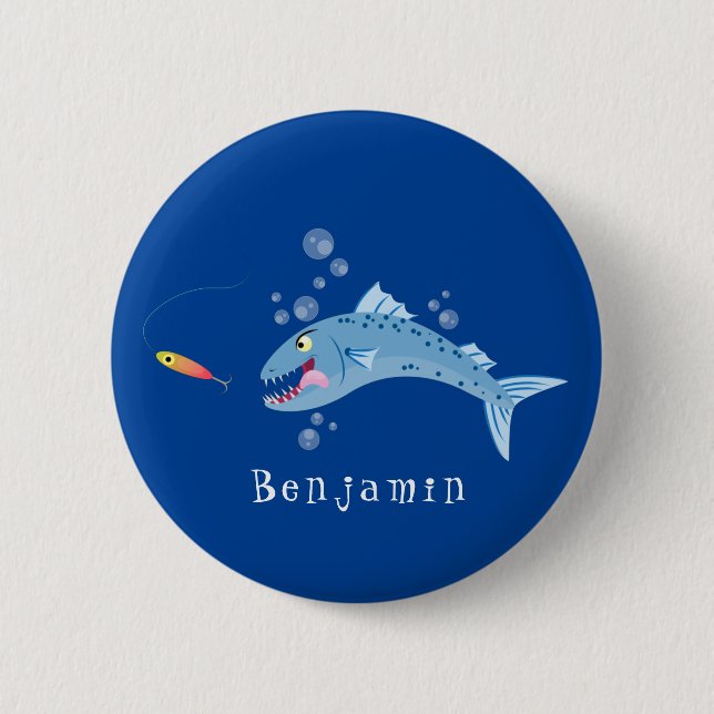 Barracuda fish hungry fishing cartoon illustration 2 inch round button (Front)