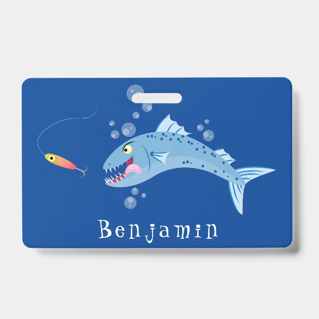 Barracuda fish hungry fishing cartoon illustration badge (Front)