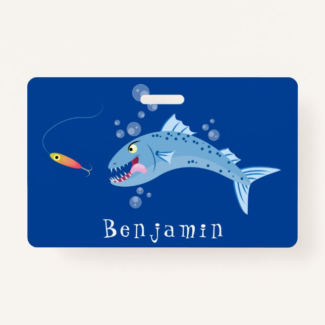 Barracuda fish hungry fishing cartoon illustration badge (Front)