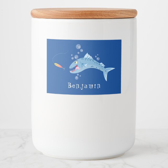 Barracuda fish hungry fishing cartoon illustration food label (Front)