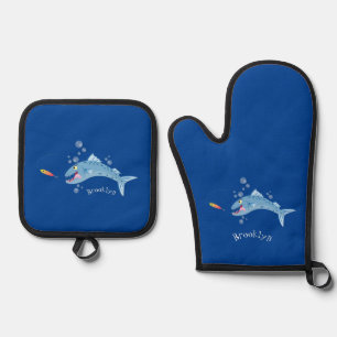 Barracuda fish hungry fishing cartoon illustration oven mitt & pot holder set