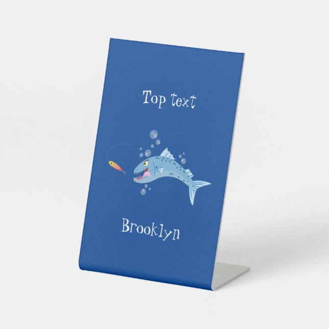 Barracuda fish hungry fishing cartoon illustration pedestal sign (Front)