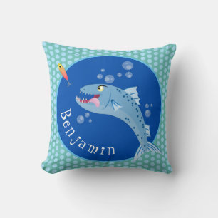 Barracuda fish hungry fishing cartoon illustration throw pillow