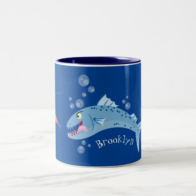 Barracuda fish hungry fishing cartoon illustration Two-Tone coffee mug (Center)