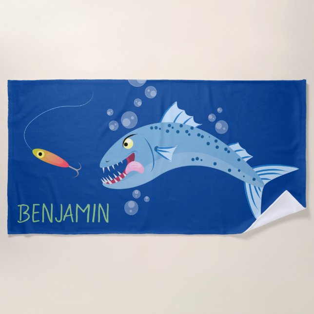 Barracuda hungry fishing cartoon illustration beach towel (Front)