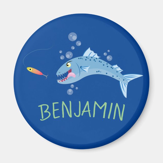 Barracuda hungry fishing cartoon illustration magnet (Front)