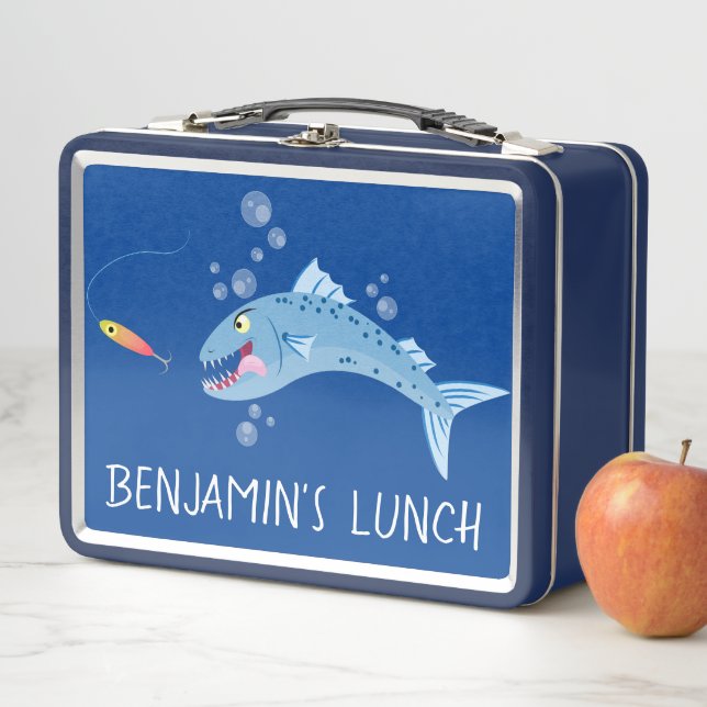 Barracuda hungry fishing cartoon illustration metal lunch box (In Situ)