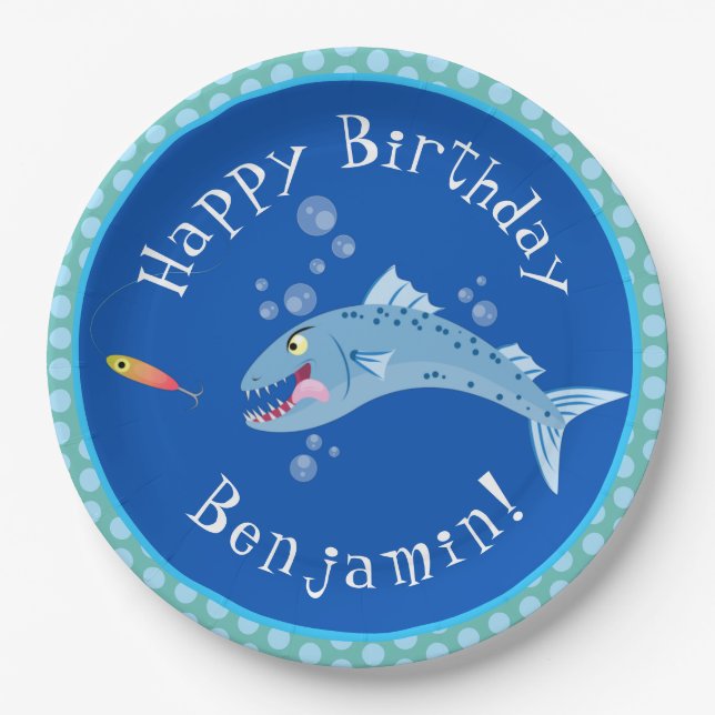 Barracuda hungry fishing cartoon personalized paper plate (Front)