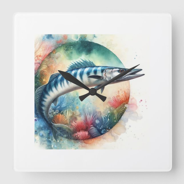 Barracuda in Vibrant Waters 130624AREF119 - Waterc Square Wall Clock (Front)
