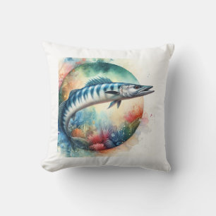 Barracuda in Vibrant Waters 130624AREF119 - Waterc Throw Pillow