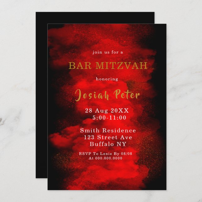 Barre de fumée noire et rouge Mitzvah Invitations (Devant / Derrière)