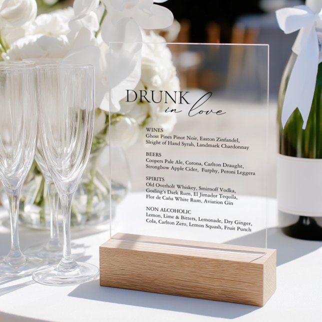 Barre Mariage Drunin Love Menu Signal Acrylique (Drunk In Love Wedding Bar Menu Acrylic Sign)