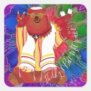 Barre ou Bat mitzvah Stickers d'ours Hippie Carré