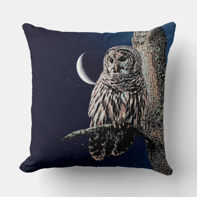 Barred Owl Crescent Moon Night Sky Throw Pillow (Front)