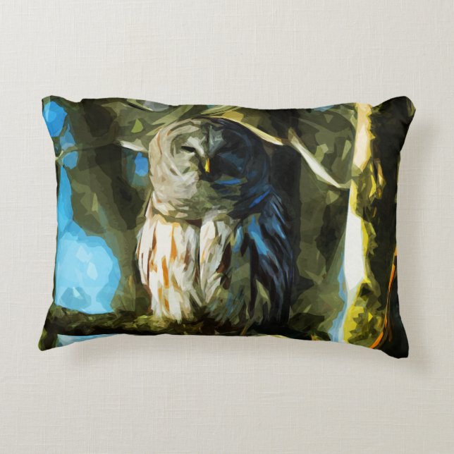 Barred Owl in Tree Abstract Impressionism Decorative Pillow (Back)