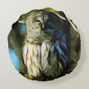 Barred Owl in Tree Abstract Impressionism Round Pillow