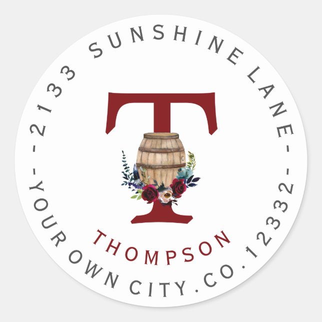 Barrel Burgundy Floral Circular Address Label (Front)
