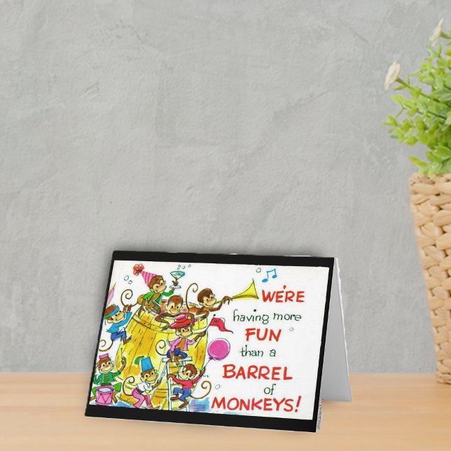 Barrel of Monkeys Fun Note Card (Yellow barrel full of monkeys with horns and party hats balloons on notecards.)