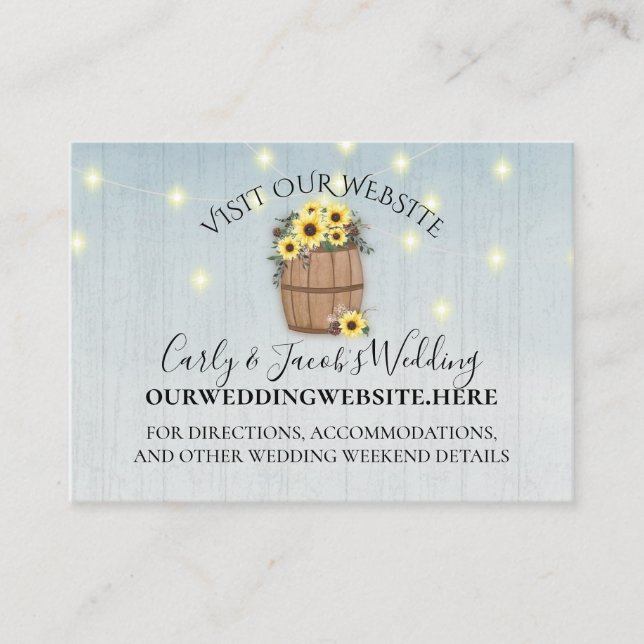 Barrel of Sunflowers Blue Wood Website Info Business Card (Front)