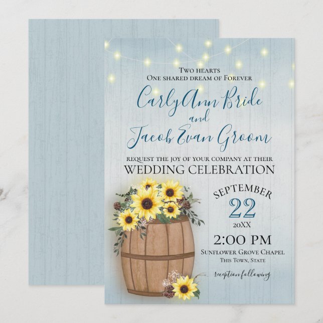 Barrel of Sunflowers Rustic Wood and Lights Invitation (Front/Back)