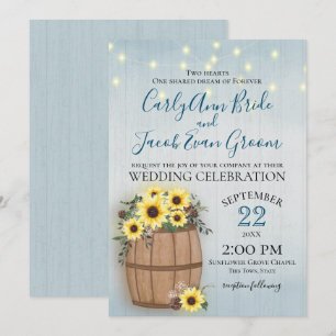 Barrel of Sunflowers Rustic Wood and Lights Invitation