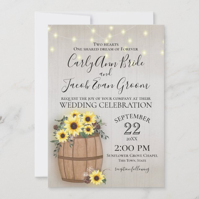 Barrel of Sunflowers Rustic Wood and Lights Invitation (Front)