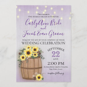 Barrel of Sunflowers Rustic Wood and Lights Purple Invitation