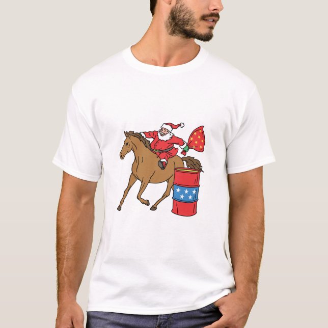 Barrel Racing Christmas Santa on Barrel Horse T-Shirt (Front)