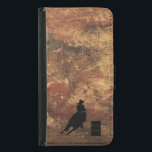 Barrel Racing Girl Silhouette on a Grunge Texture Samsung Galaxy S5 Wallet Case<br><div class="desc">Exciting and rustic rodeo themed illustration. Silhouette of a cowgirl barrel racing with her horse. Background is a rough weathered brown and red toned earthy grunge texture. Great for rodeo enthusiasts and horse lovers.</div>