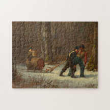 Barrel Sled in a Snowy Forest by E. Johnson
