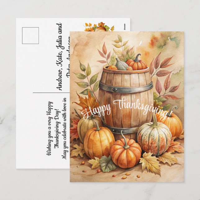 Barrel with Pumpkins Happy Thanksgiving Holiday Postcard (Front/Back)