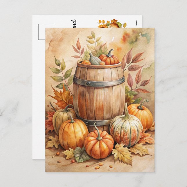 Barrel with Pumpkins - Welcome Fall Holiday Postcard (Front/Back)