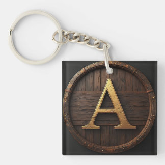 Barrel Wood Monogram A Initial Badge Frame 🔑 Keychain