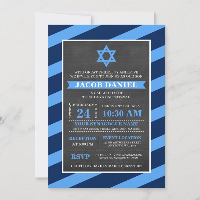 Barres Bleues Barre Chalkboard Mitzvah Invitations (Devant)