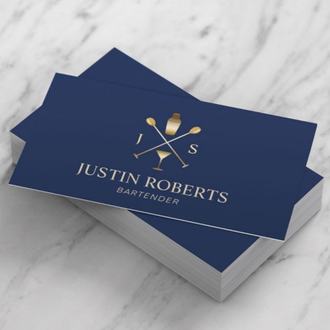 Bartender Bar Club Modern Navy Blue & Gold Business Card (Creator Uploaded)