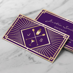 Bartender Bar Club Modern Purple & Gold Art Deco Business Card