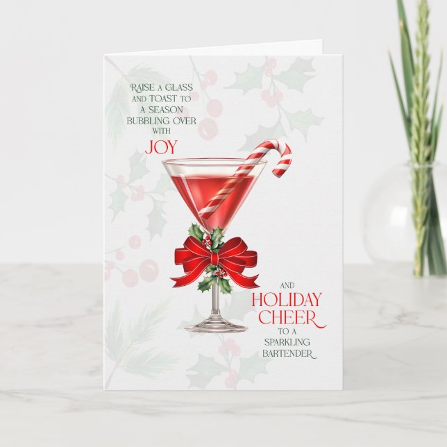 Bartender Raise a Glass and Toast with Joy Holiday Card (Front)