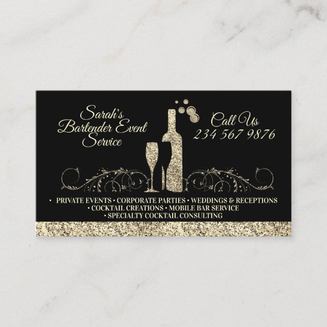 Bartender sparkling gold printed business card (Front)