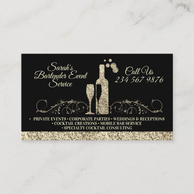 Bartender sparkling gold printed business card (Front)