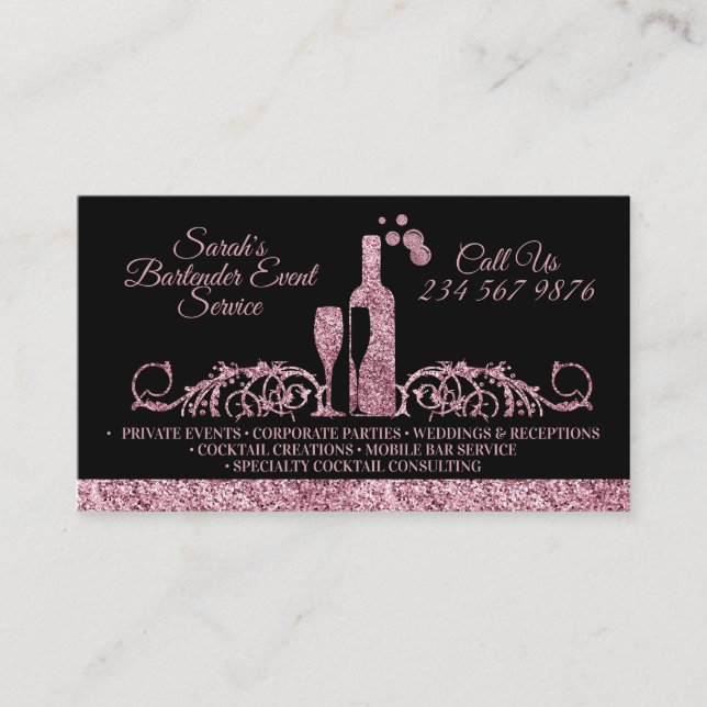 Bartender sparkling pink Black Business Card (Front)