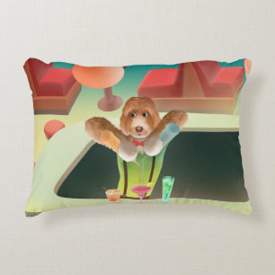 Bartending Dog in Retro Bar Accent Pillow