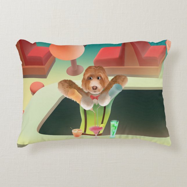 Bartending Dog in Retro Bar Accent Pillow (Front)