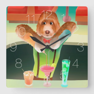 Bartending Dog in Retro Bar Square Wall Clock