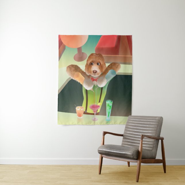 Bartending Dog in Retro Bar Tapestry (In Situ)